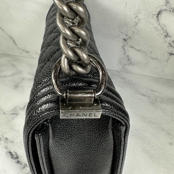 ❌❌ Chanel Boy Bag Caviar Old Medium Classic Quilted Black Caviar Flap CC Leboy - Picture 11 of 16